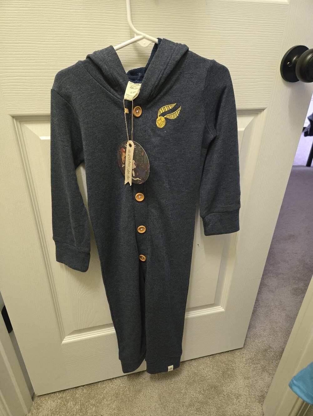 Harry Potter, LULU AND ROO Kids Navy Hooded One-Piece Romper with Buttons